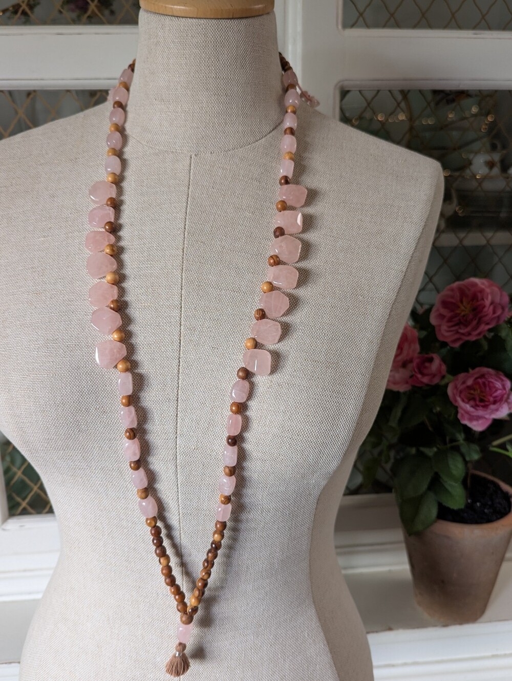 💞VTG Handcrafted Heart Chakra Rose Quartz Pink Mala Bead Long Necklace Tassel